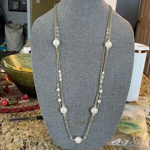 Elegant FauxPearl-Accented Gold Tone Clear Beads Layered Necklace